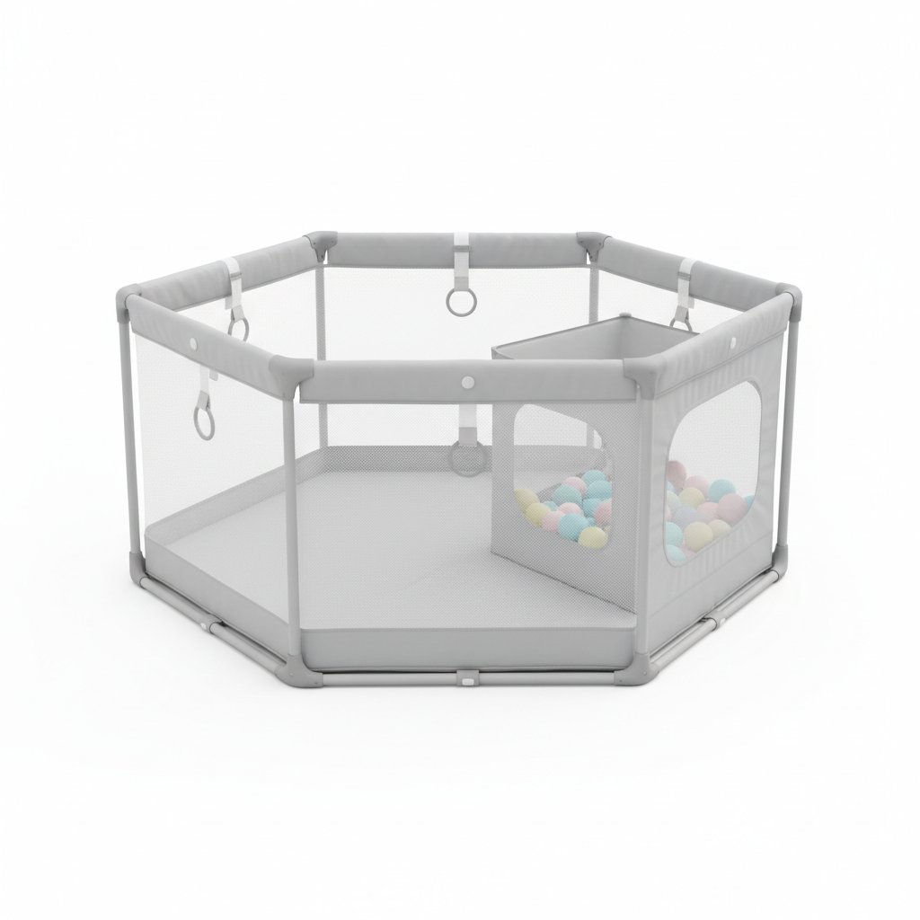 Light Gray Baby Playpen with Pull Ring - Safe Play Barrier and Ball Box for Infant Playground